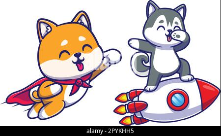 Cute husky cane dabbing sul razzo cartone animato vettore icona illustrazione. Tecnologia animale concetto icona isolato da The Greatest Graphics Illustrazione Vettoriale