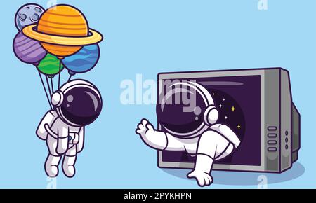 Astronauta carino galleggiante con palloncino pianeta e tenendo la luna cartone animato vettore icona illustrazione piatta da The Greatest Graphics Illustrazione Vettoriale