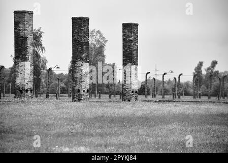 crematori camini nel campo di concentramento storico e atrocità tedesche in polonia. Foto in bianco e nero. Foto Stock