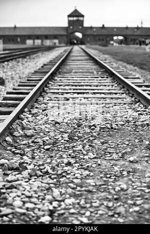 ingresso ferroviario al campo di sterminio a oświęcim, polonia. Fotografia storica in bianco e nero Foto Stock