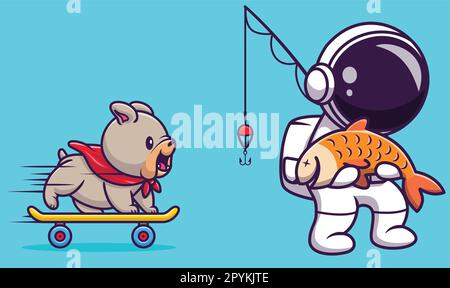 Carino astronauta pesca cartoon illustrazione. concetto di sport scientifico Illustrazione Vettoriale