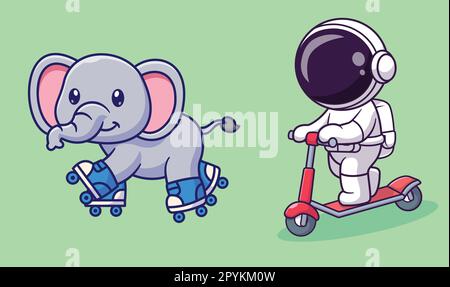 Carino elefante gioco rullo skate cartoon vettore icona illustrazione. sport animale icona isolato piatto Illustrazione Vettoriale