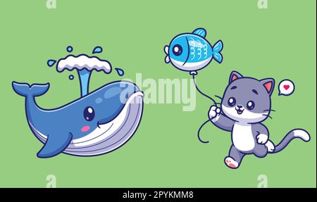 Carino gatto giocare con pesce palloncino cartoon vettore icona illustrazione. icona vacanza animale isolato Illustrazione Vettoriale