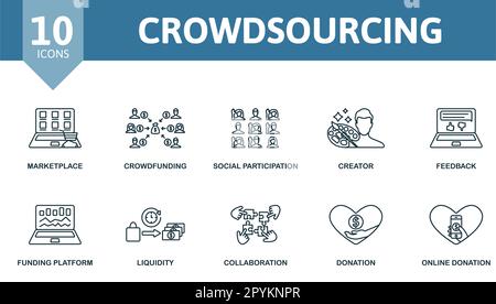 Set di contorni per crowdsourcing. Icone creative: Mercato, crowdfunding, partecipazione sociale, creatore, feedback, piattaforma di finanziamento, liquidità Illustrazione Vettoriale