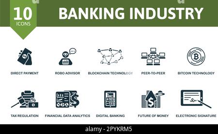 Insieme di linee generali per il settore bancario. Icone creative: Pagamento diretto, robo ADVISOR, tecnologia blockchain, peer-to-peer, tecnologia bitcoin, regolamentazione fiscale Illustrazione Vettoriale