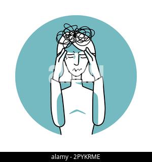 Donna stressata con emozione di ansia, espressione facciale con gesti. Stressante mood femminile con capelli bianchi, esprimendo i suoi sentimenti di preoccupazione. Verde v Illustrazione Vettoriale