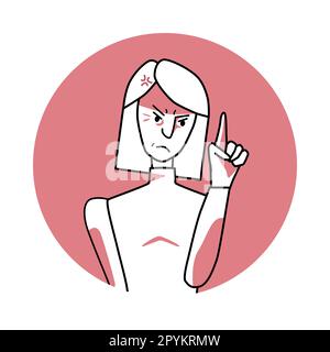 Donna adulta con emozione arrabbiata, espressione facciale con le mani. Donna infastidita dai capelli bianchi, che esprime le sue sensazioni negative con gesti. Rosso Vect Illustrazione Vettoriale