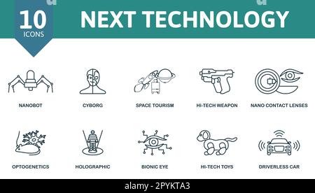 Il nuovo set di contorni della tecnologia. Icone creative: nanobot, cyborg, turismo spaziale, arma hi-tech, nano lenti a contatto, optogenetica, olografica, bionica Illustrazione Vettoriale