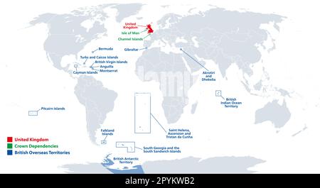 Regno Unito, British Overseas Territories e Crown Dependencies, mappa politica. La Gran Bretagna, l'Isola di Man, Guernsey e Jersey, e 14 bot. Foto Stock