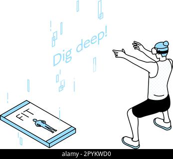 VR fitness, uomo che indossa occhiali VR, allenamento, squatting, illustrazione vettoriale Illustrazione Vettoriale