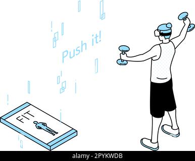 VR fitness, uomo che indossa occhiali VR per allenarsi con i manubri, Vector Illustration Illustrazione Vettoriale