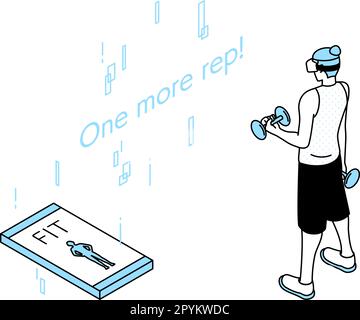 VR fitness, uomo che indossa occhiali VR per allenarsi con i manubri, Vector Illustration Illustrazione Vettoriale