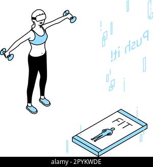 VR fitness, donna che indossa occhiali VR per allenarsi con i manubri, Vector Illustration Illustrazione Vettoriale