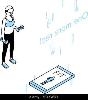 VR fitness, donna che indossa occhiali VR per allenarsi con i manubri, Vector Illustration Illustrazione Vettoriale