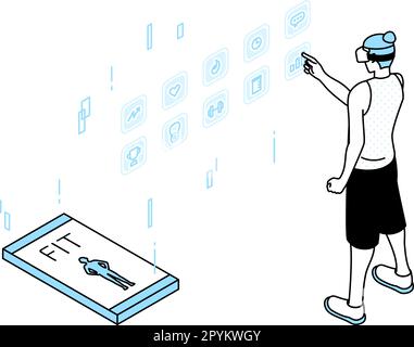 VR fitness, uomo che indossa occhiali VR e pannelli di manipolazione in aria, Vector Illustration Illustrazione Vettoriale