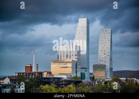 Roche Towers Building 1 e Building 2 grattacieli progettati dalla ditta di architettura Herzog e de Meuron, Basilea, Svizzera Foto Stock
