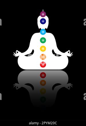 Silhouette di Buddha seduto in meditazione con chakra. Sette chakra, corpo energetico e Yogi meditano nella posizione lotus. Illustrazione vettoriale Illustrazione Vettoriale