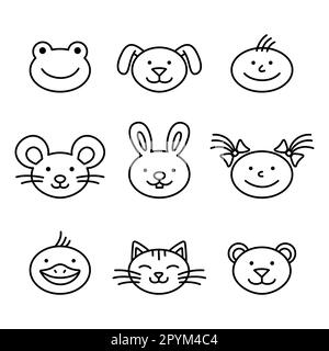 Animali e bambini facce. Stile Doodle. Caratteri disegnati a mano. Set di tazzoli animali. Illustrazione Vettoriale