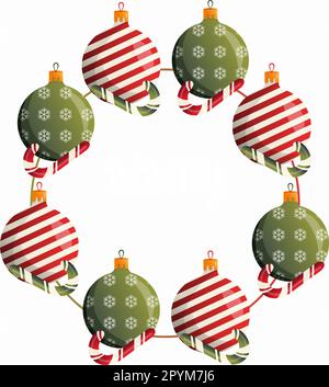 Giocattoli di Natale e candy wreath clipart, palle illustrazione set cornice. Vector Xmas palla di vetro. Modello di decorazione per le vacanze. Capodanno natale t Foto Stock