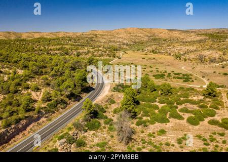 Veduta aerea della strada C-12 e l'intervento artistico di Marc Sellarès nel fuoco di Ribera d'Ebre del 2019 (Tarragona, Catalogna, Spagna) Foto Stock