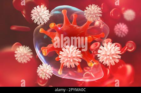 Germi nel sangue. I leucociti attaccano il virus. Immunità del corpo. 3D illustrazione sulla ricerca medica Foto Stock