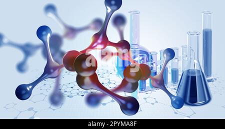 Laboratorio, molecole, reticolo cristallino. Ricerca nanotecnologica in biochimica, chimica, biologia, microbiologia. 3d illustrazione della molecola e del laboriatore Foto Stock