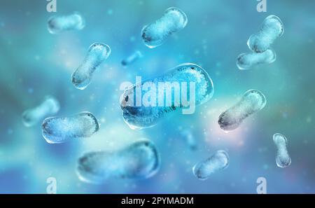 Batteri patogeni, virus e germi microscopici. 3D illustrazione di una colonia di microbi. Ricerca medica nel campo della microbiologia Foto Stock