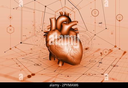 Modello digitale del cuore umano. Tecnologie moderne in cardiologia, ricerca e trapianto. Illustrazione del concetto di assistenza sanitaria 3D Foto Stock