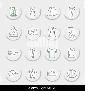 Set di icone linea abbigliamento, collezione di simboli abbigliamento, schizzi vettoriali, pulsanti UI UX neumorfici, confezione di pittogrammi lineari segni di usura isolati su sfondo bianco, eps 10. Illustrazione Vettoriale