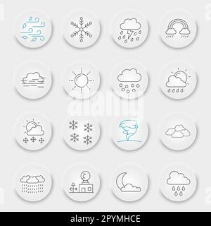 Set icone linea previsioni meteo, collezione simboli climatici, schizzi vettoriali, pulsanti UI UX neumorfici, pacchetto pittogrammi lineari segni meteorologici isolato su sfondo bianco, eps 10. Illustrazione Vettoriale