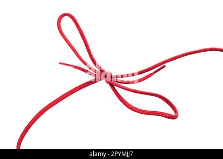 Red lacci delle scarpe con un nodo contro uno sfondo bianco Foto Stock