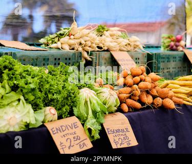 Una vibrante gamma di verdure fresche in esposizione presso una bancarella del mercato agricolo locale Foto Stock