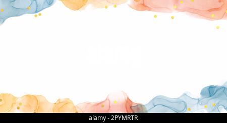 Coloratissima cornice astratta d'arte dell'inchiostro alcolico con spazio per testo, banner con onde arancioni, azzurre e gialle e decorazioni in oro Foto Stock