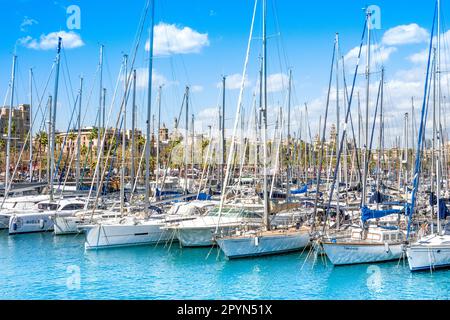 Barcellona, Spagna - 26 marzo 2023: Bellissimo paesaggio estivo del porto di Marina Vell a Barcellona Foto Stock