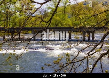 Vista panoramica del fiume Tuckasegee nella città di Dillsboror, North Carolina. Foto Stock