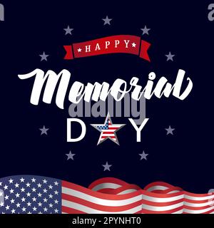 Banner creativo dell'Happy Memorial Day. Logo tipografico e bandiera 3D Stati Uniti. Design dell'invito. Calligrafia moderna. Elementi isolati. Ba patriottica Illustrazione Vettoriale
