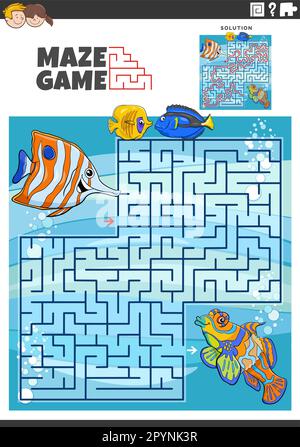 Illustrazione cartoon di attività didattica puzzle labirinto per i bambini con divertenti personaggi animali di pesce Illustrazione Vettoriale