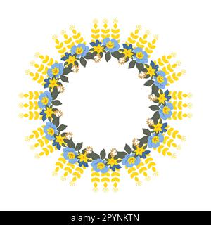 Cornice in corona di spike e fiori in giallo e blu. Illustrazione vettoriale di un isolamento. Colori nazionali ucraini Illustrazione Vettoriale