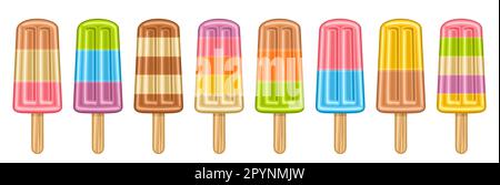 Set vettoriale di Fruit Popsicle, collezione lotto di 8 illustrazioni ritagliate gelato alla frutta dolce, banner con gruppo di diversi Fruity Popsicle per ki Illustrazione Vettoriale