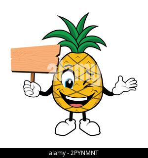 Ananas Fruit Mascot Cartoon tenere in su Un segno di legno vuoto Illustrazione Vettoriale