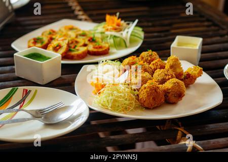 Nepalese cibo e spuntini dal Bhaat, Sekuwa, Khaja set, Mo mo, gnocchi, Chhoila, patate, formaggio Foto Stock