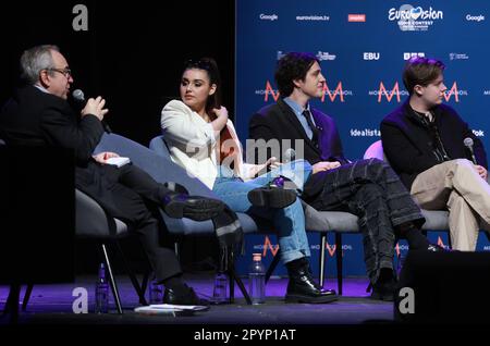 Liverpool, Regno Unito. 04th maggio, 2023. Rappresentante della Norvegia Alessandra Mele, rappresentante della Serbia, rappresentante della Lettonia Andrejs Reinis Zitmanis della band Sudden Lights durante una conferenza stampa organizzata da OGAE Eurovision Fan club a Camp and Furnace a Liverpool, Inghilterra, il 04 maggio 2023. Foto: Sanjin Strukic/PIXSELL Credit: Pixsell/Alamy Live News Foto Stock