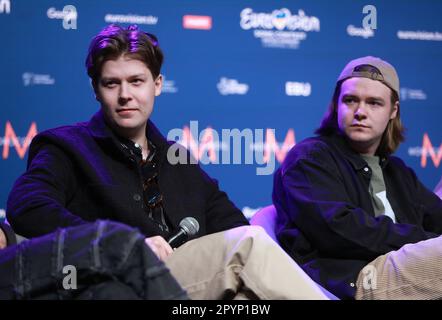 Liverpool, Regno Unito. 04th maggio, 2023. Rappresentanti della Lettonia Andrejs Reinis Zitmanis e Karlis Matiss Zitmanis della band Sudden Lights durante una conferenza stampa organizzata da OGAE Eurovision Fan club a Camp and Furnace a Liverpool, Inghilterra, il 04 maggio 2023. Foto: Sanjin Strukic/PIXSELL Credit: Pixsell/Alamy Live News Foto Stock