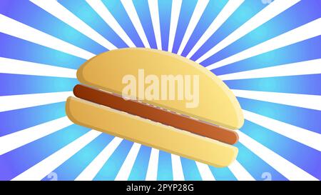 hamburger colorato e luminoso su sfondo blu e giallo con strisce, illustrazione vettoriale. appetitoso hamburger in scena. sfondo per Illustrazione Vettoriale
