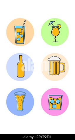 Set di sei icone rotonde per trendy con diverse bevande alcoliche, birra, whisky cocktail su sfondo bianco. Illustrazione vettoriale. Illustrazione Vettoriale