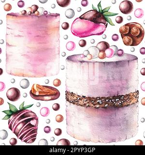 Motivo acquerello con torta, fragole ricoperte di cioccolato, pezzi di cioccolato, caramelle e palline su sfondo bianco disegno per tessuti, tessuti, pa Foto Stock