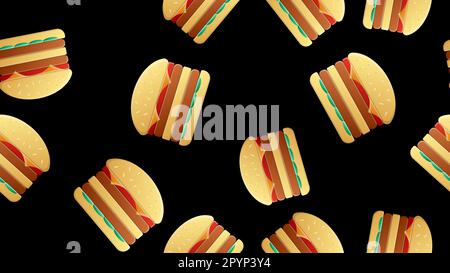 sequenza di hamburger su sfondo nero, illustrazione vettoriale. delizioso fast food. decorazione della cucina. hamburger colorati con farcitura succosa. d Illustrazione Vettoriale
