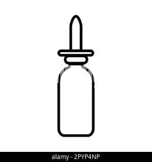Piccole gocce nasali farmacacetiche mediche in un vaso per il trattamento della rinite, una semplice icona nera e bianca su sfondo bianco. Illustrazione vettoriale Illustrazione Vettoriale