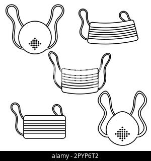 Un set di icone bianche e nere di carta garza protettivo monouso maschere mediche per respiratori del pericoloso virus ceppo Covid 019 coronavirus Illustrazione Vettoriale