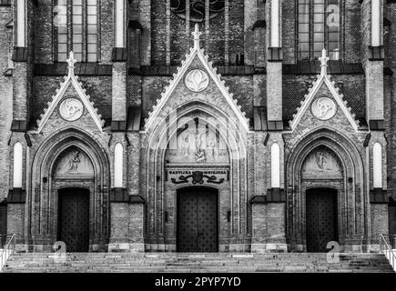 Cattedrale della rinascita gotica Basilica dell'Assunzione della Beata Vergine Maria a Bialystok, Polonia - immagine in bianco e nero Foto Stock